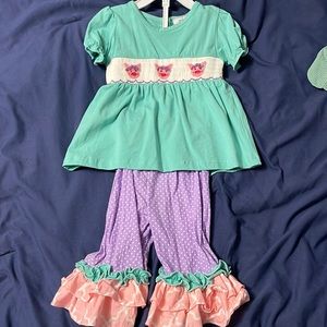 Smocked Polka Dot Floral Pigs Girls Smocked Pants Set 12M